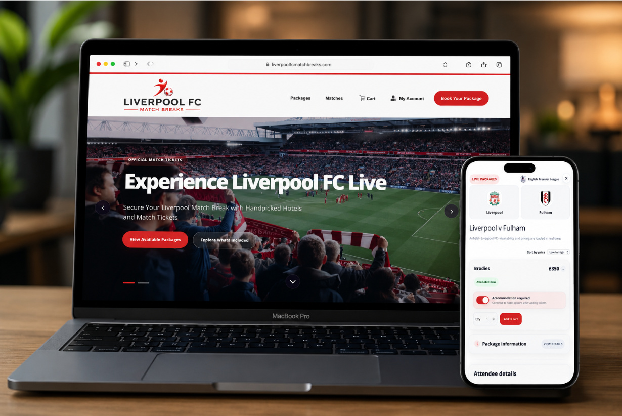 Liverpool FC Match Breaks website displayed on a MacBook Pro and iPhone